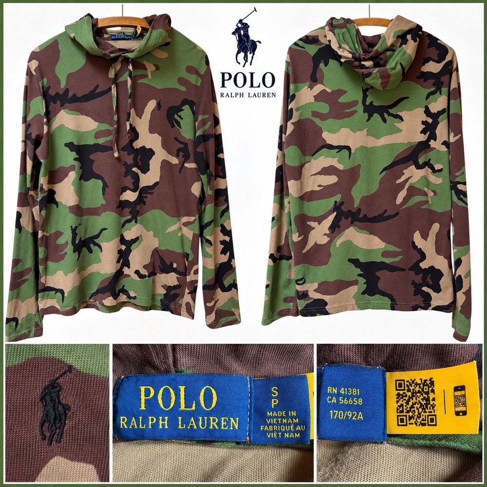 Polo Ralph Lauren Mens Camo Hooded T-Shirt Long Sleeve Camouflage Pony Logo S